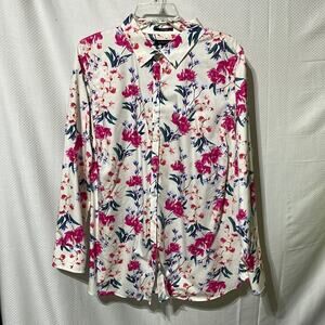 Lands End 22w cream hot pink floral 💯 pima cotton no iron button down blouse